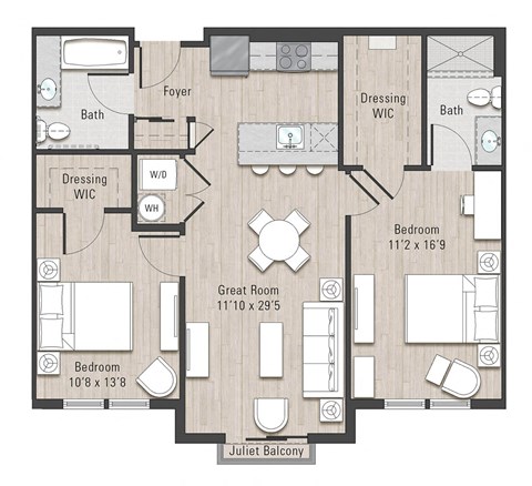 Floor plan for 2 beds, 2 baths, 985 sqft